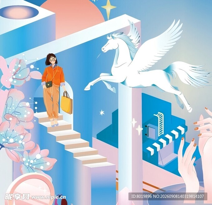 梦幻独角兽与时尚女性场景