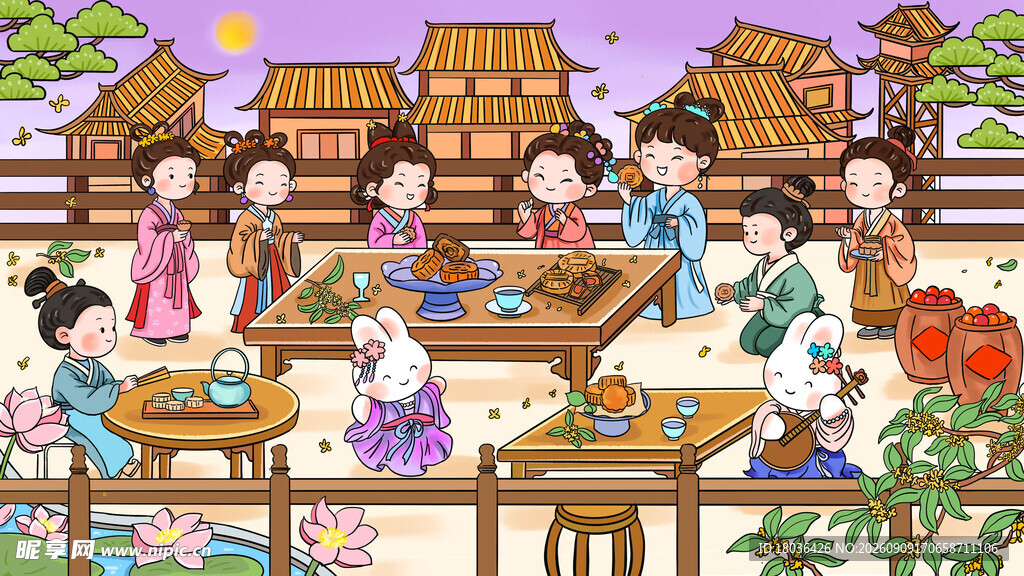 中秋节团圆古代集市热闹生活场景