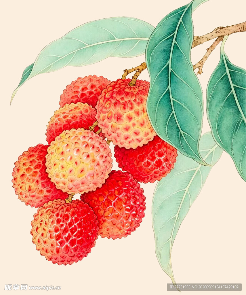 水墨风荔枝枝头硕果图