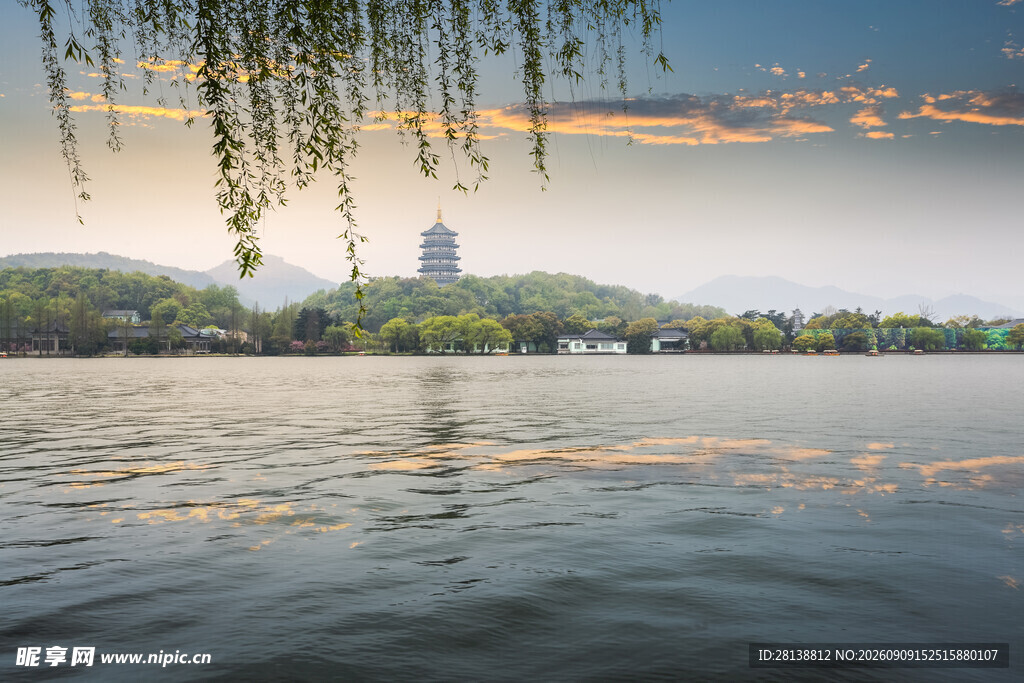 西湖湖畔垂柳古塔美景