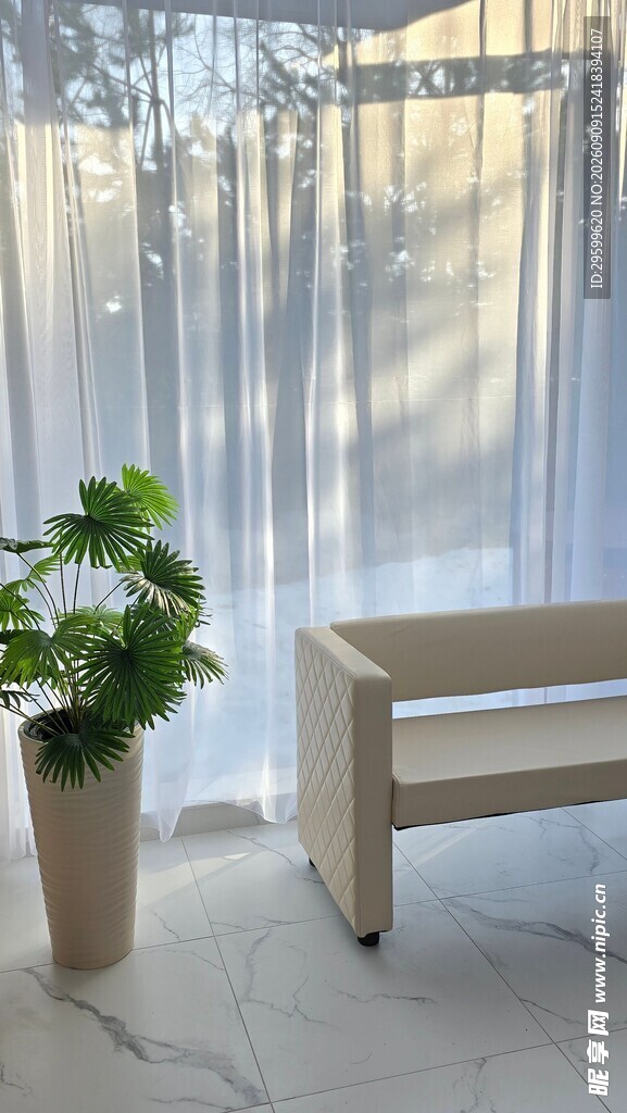 简约室内绿植与浅色长椅