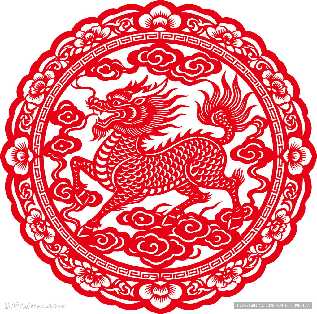 红色麒麟剪纸图案