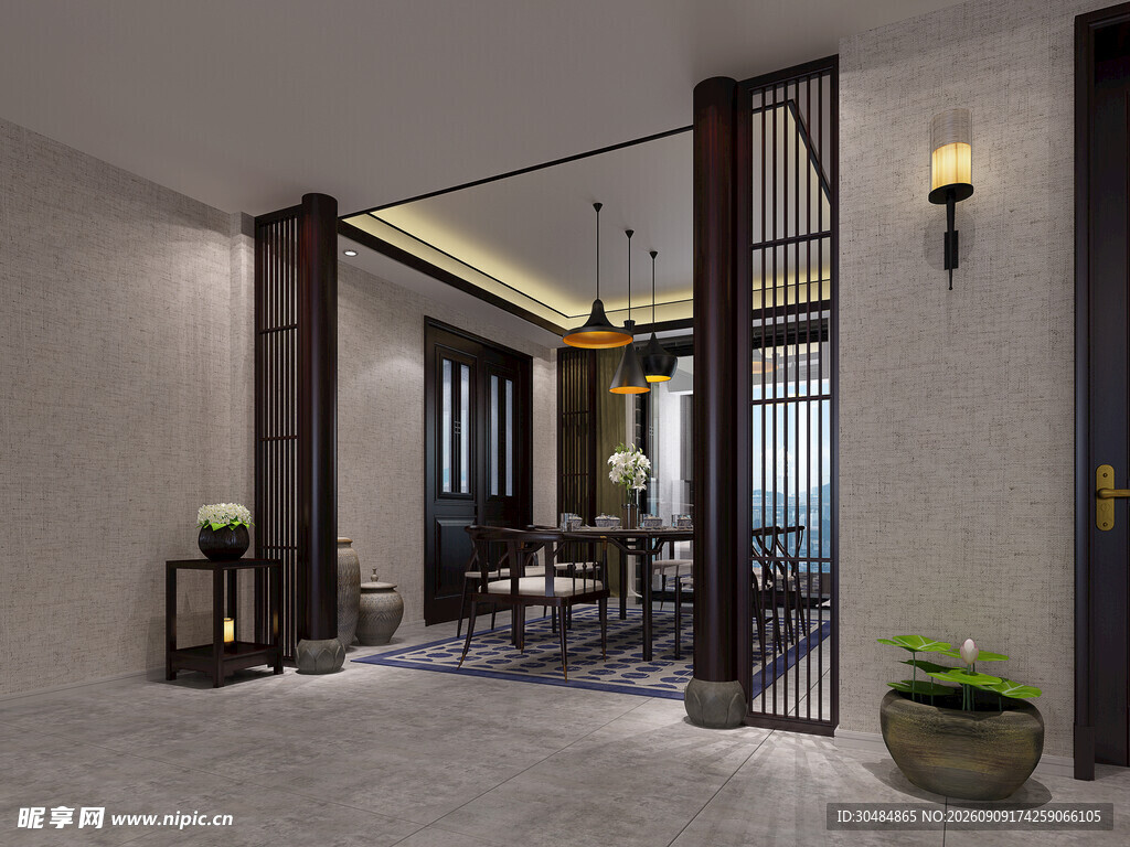 中式典雅客厅与餐厅隔断设计