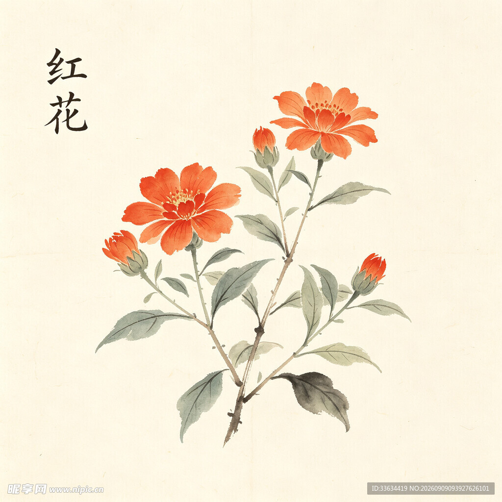 水墨红花图