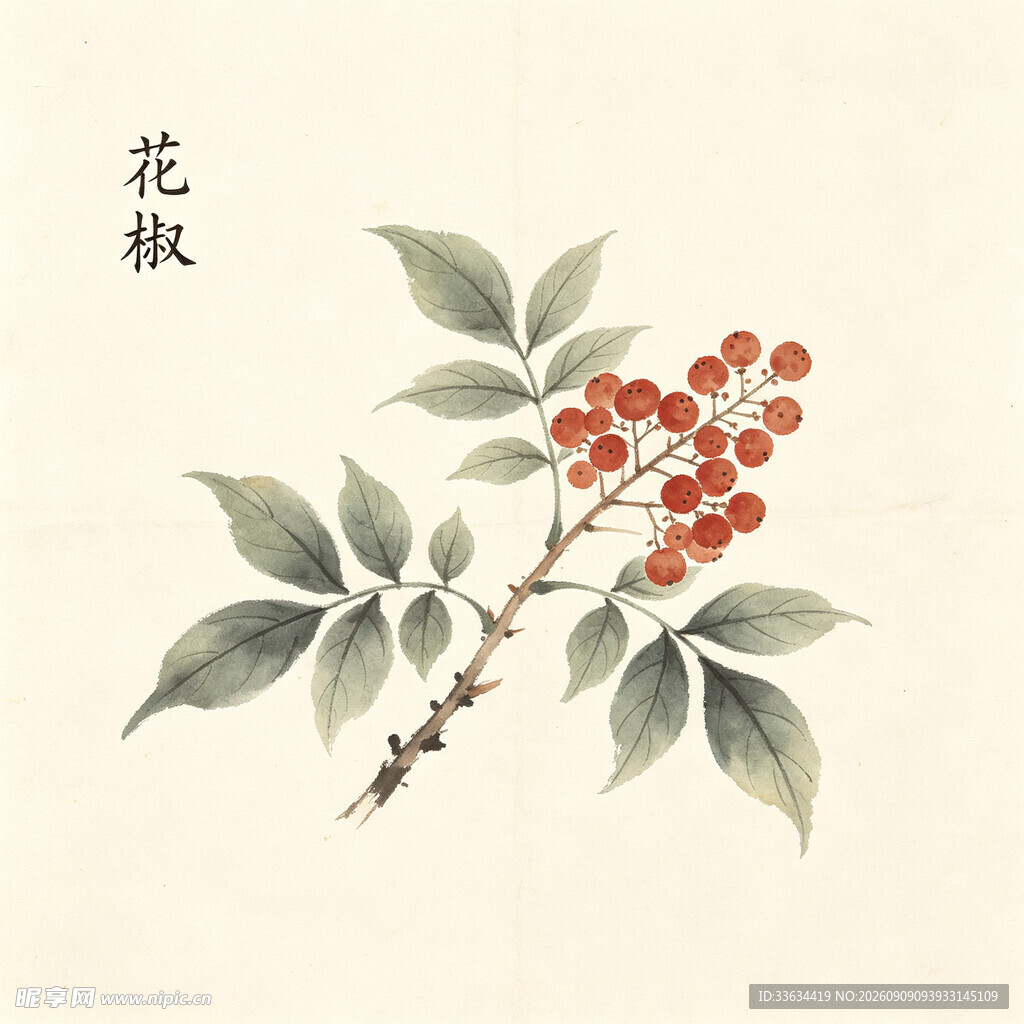 水墨绘花椒枝果图