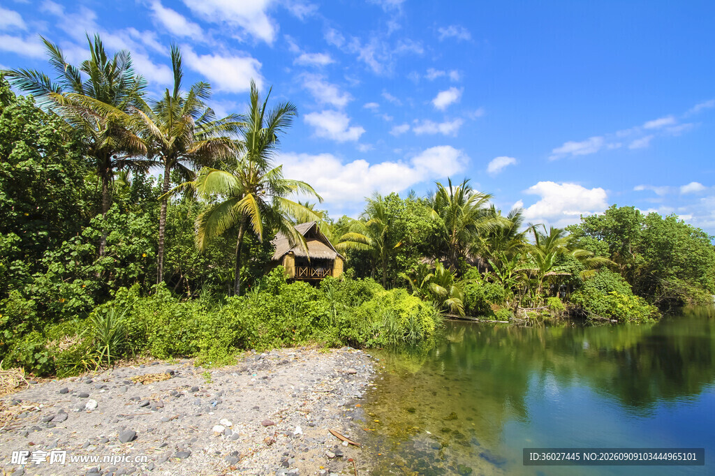 河畔绿意小屋自然美景