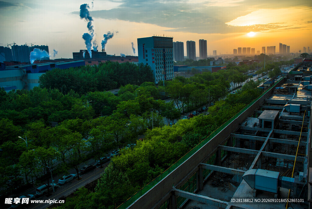 城市日落时的绿植与建筑景观