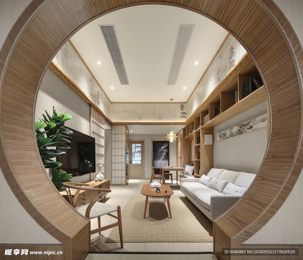 中式客厅透过圆拱门景致