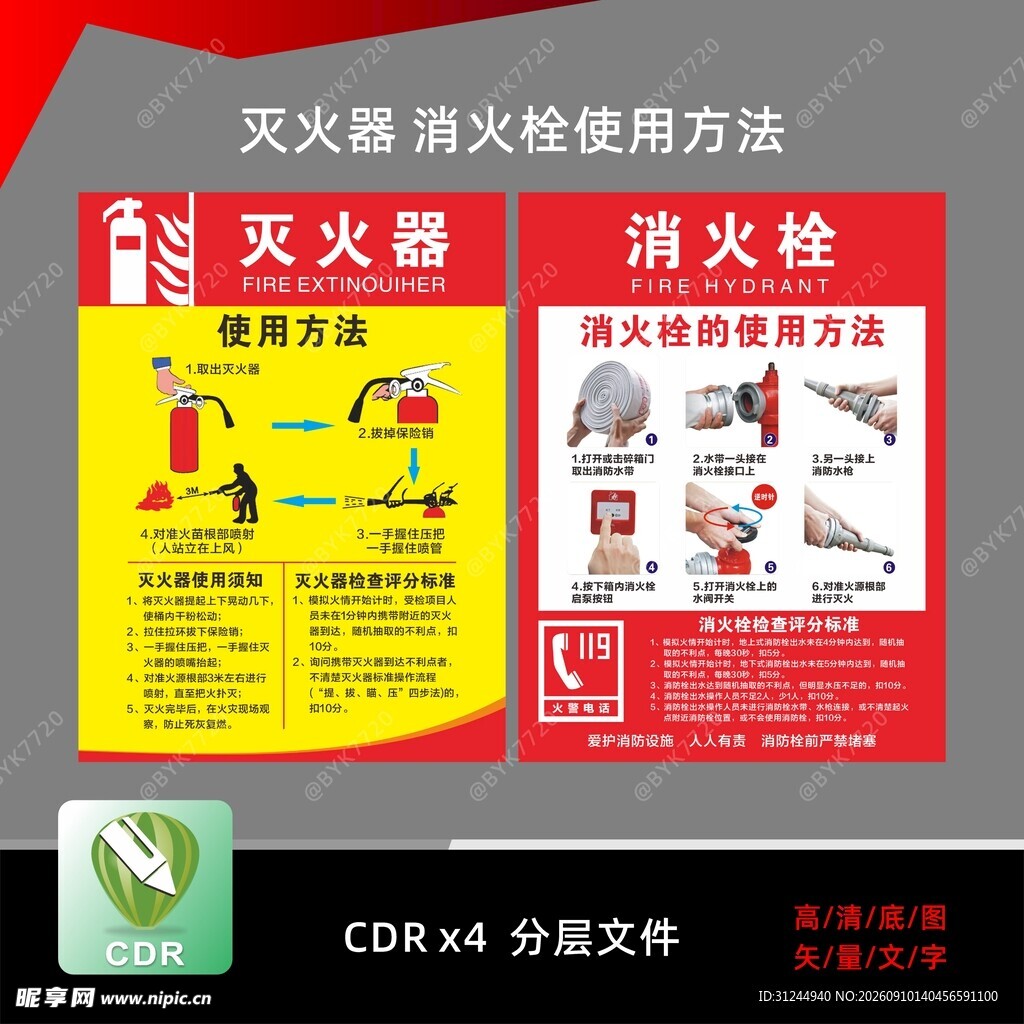 灭火器消火栓使用方法海报