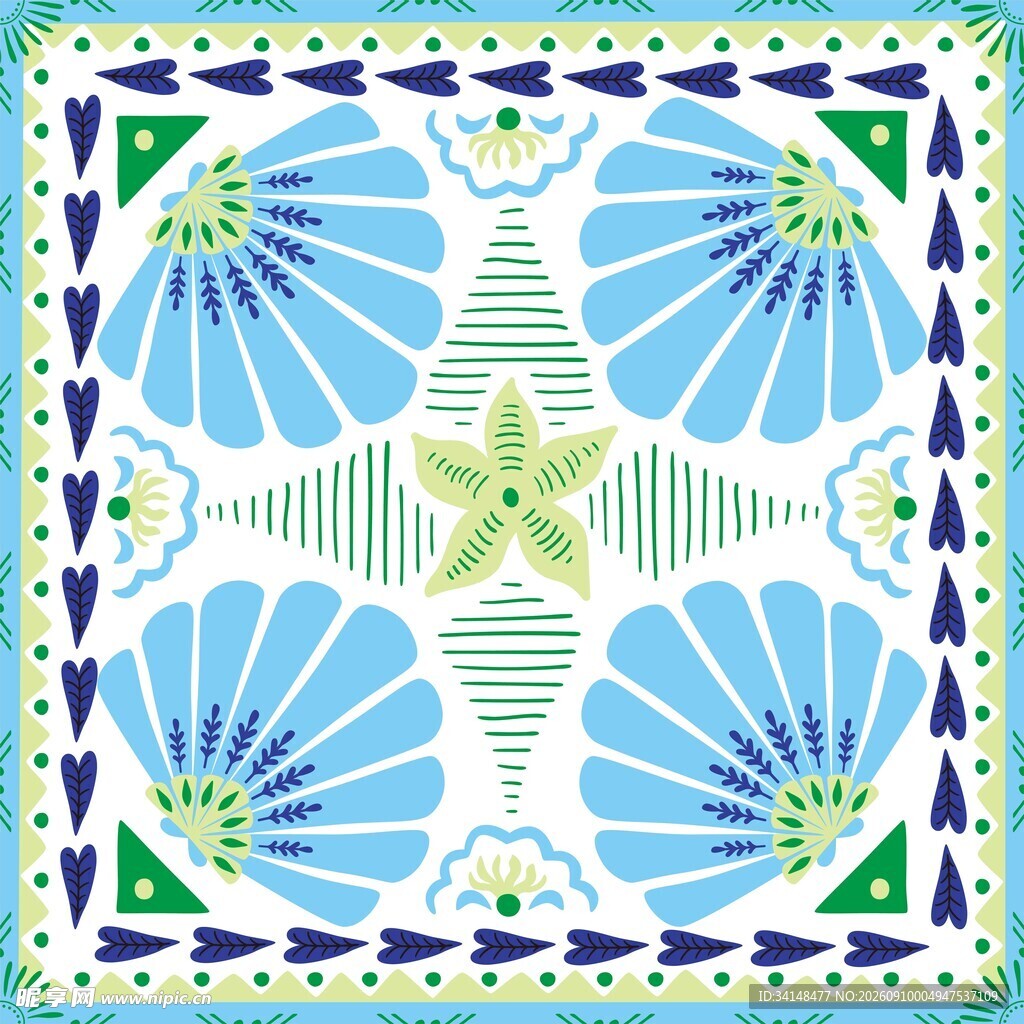 蓝绿花卉几何图案装饰画