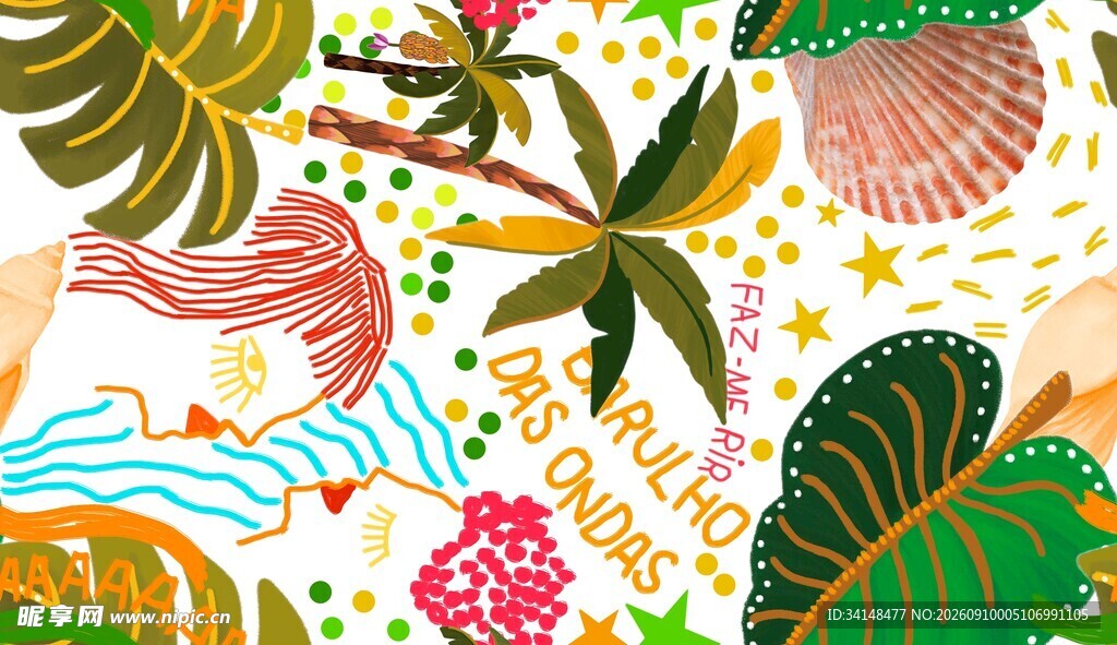 热带植物与梦幻元素插画