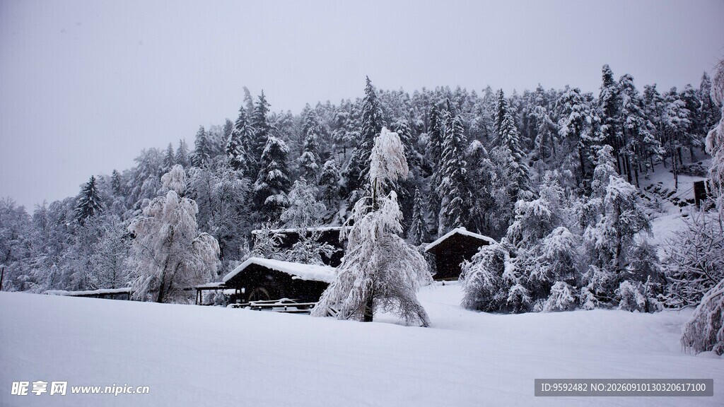 冬日雪景中的雕塑与木屋