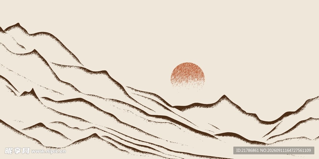 山水落日插画