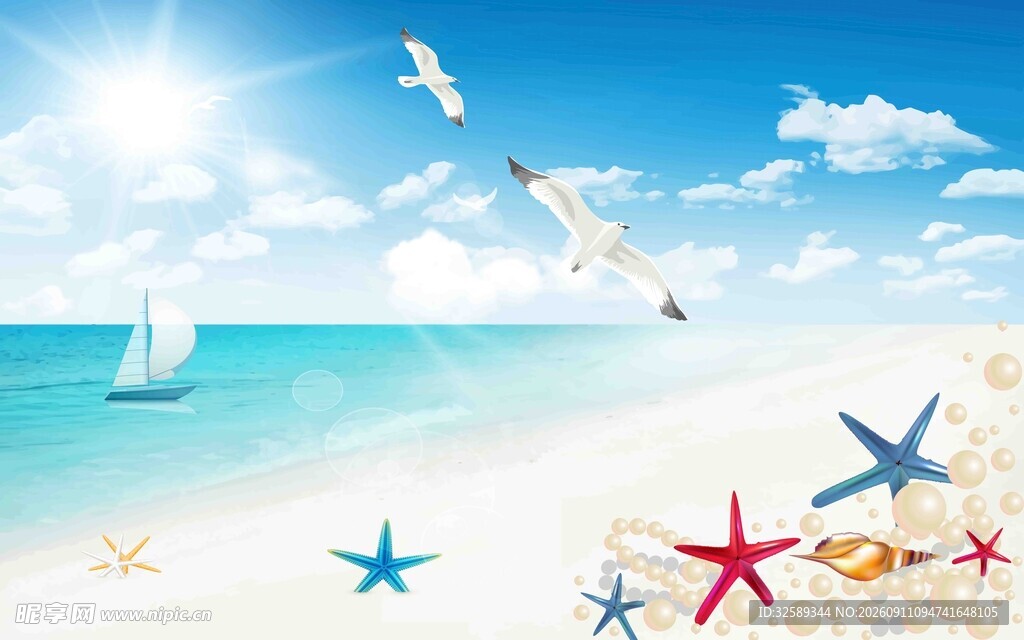 海边美景海星海鸥与帆船