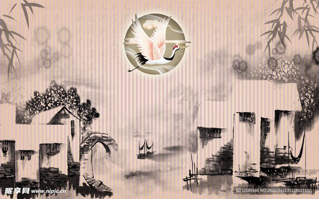 中式水墨风古建筑风景图