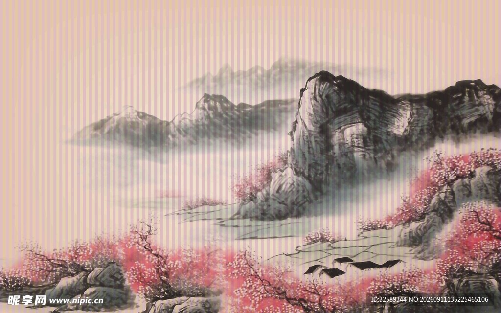 水墨山水间的烂漫桃花