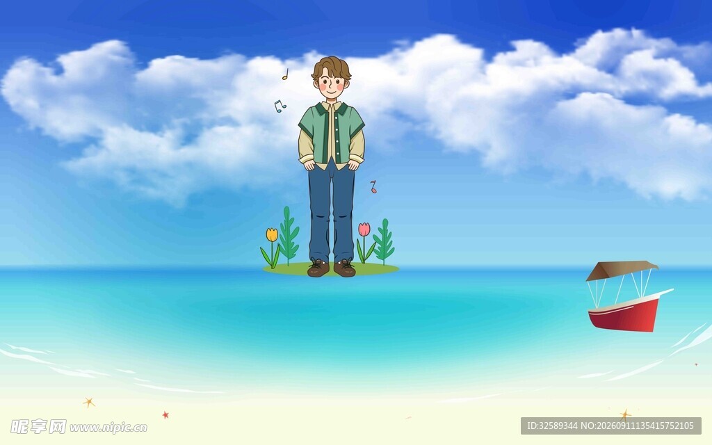 海边站立的男子与小船