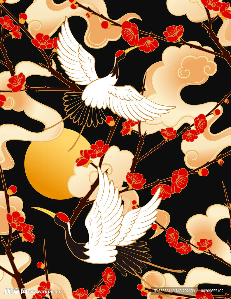 中式仙鹤花卉月夜图景