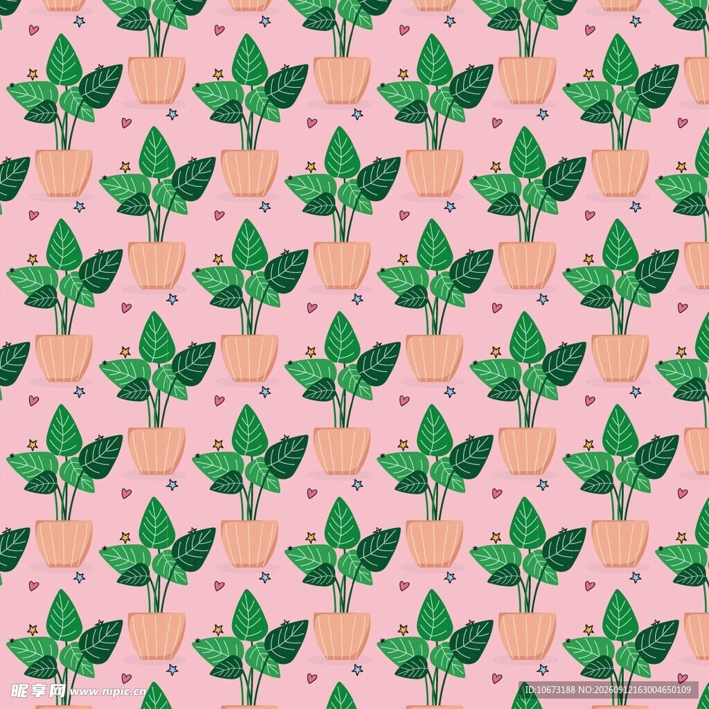 粉色背景绿叶盆栽图案