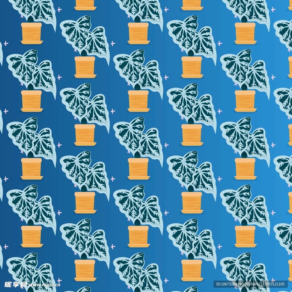 蓝色底植物盆栽图案纹理