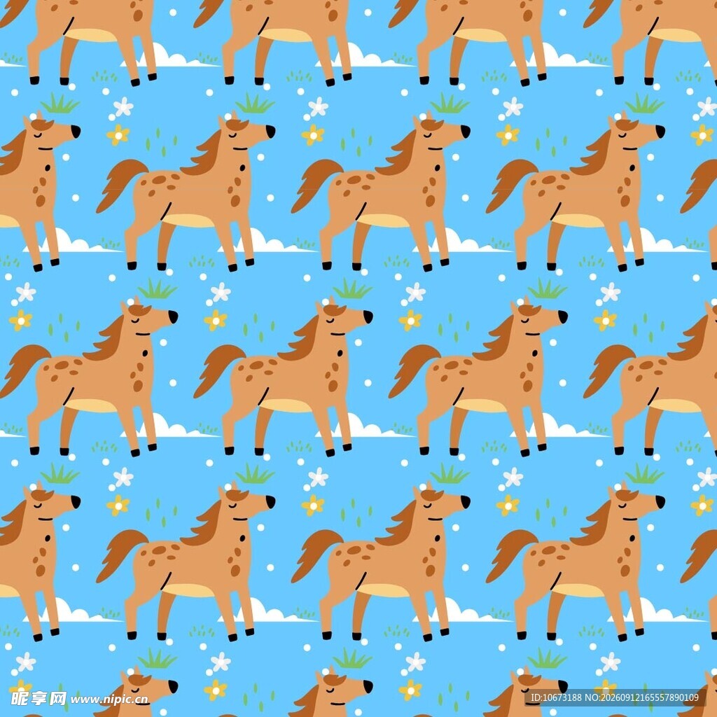 蓝色背景上的可爱小马图案