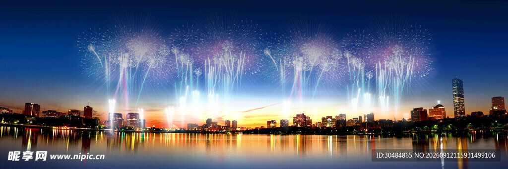湖畔绚丽烟花夜景