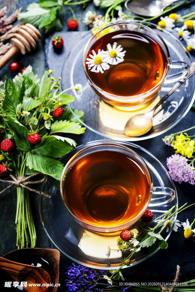 两杯花茶配周边绿植花卉
