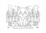 儿可爱猫咪在庭院玩耍场景简笔画