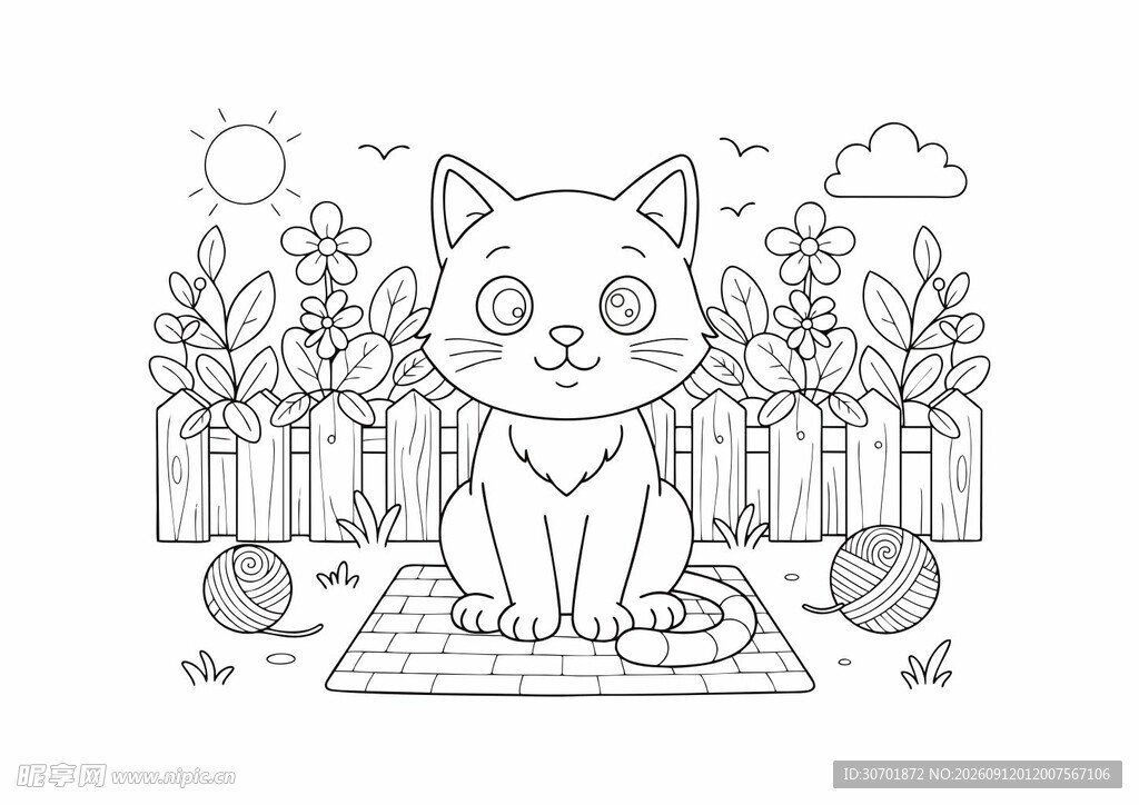 儿可爱猫咪在庭院玩耍场景简笔画