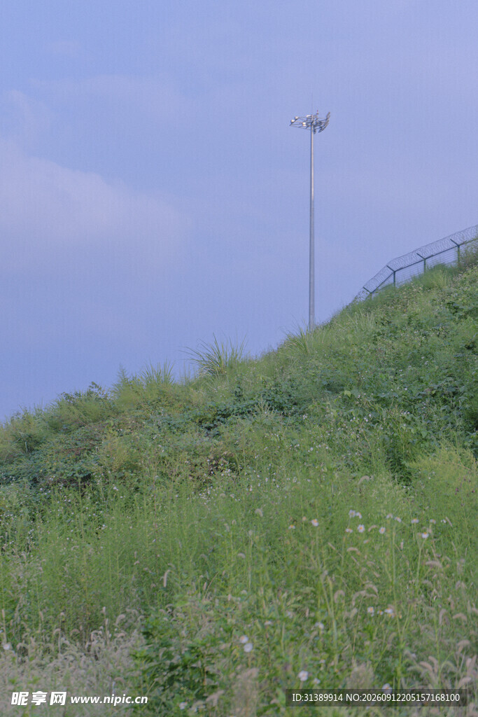 山坡草地与高耸灯杆