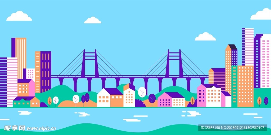 城市滨水插画