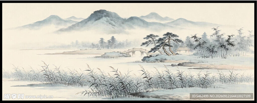水墨淡彩山水意境图