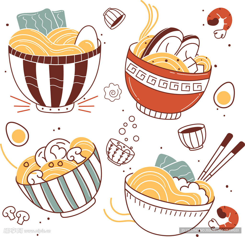 手绘风格美味面食插画