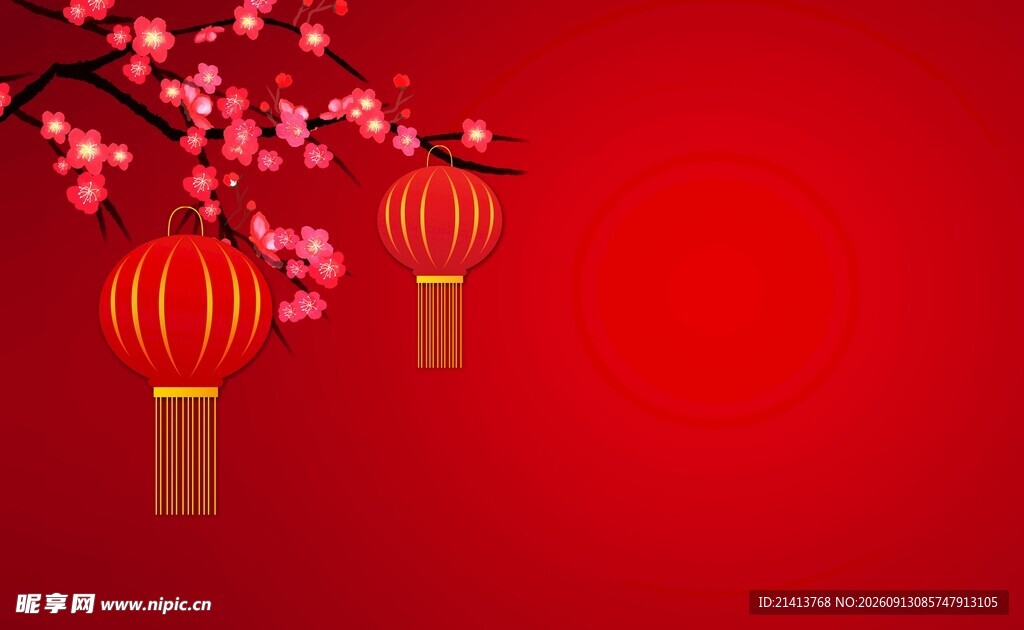 红灯笼与绽放花枝背景
