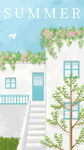 夏日清新小屋庭院景观插画手绘