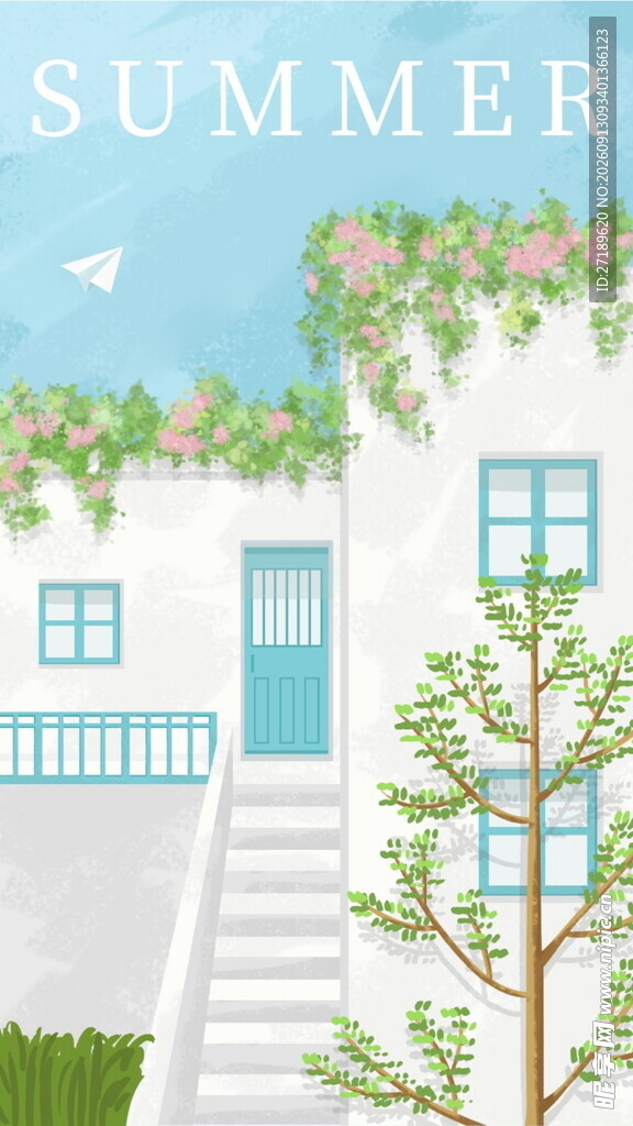 夏日清新小屋庭院景观插画手绘
