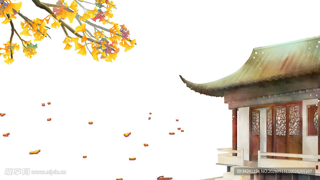 古风亭景秋叶纷飞
