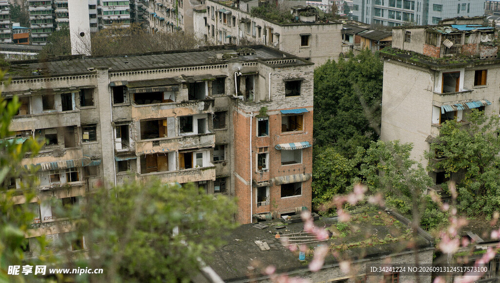 老旧居民楼与周边绿植