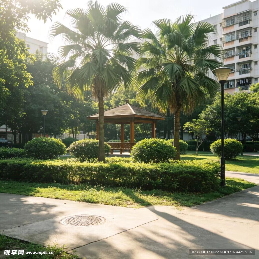 阳光照耀下的小区园林景观