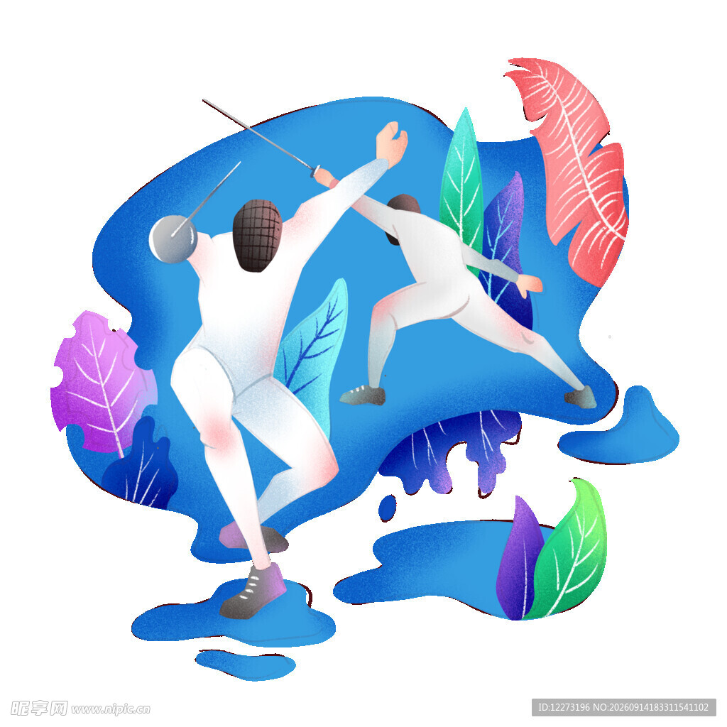 双人击剑运动插画场景