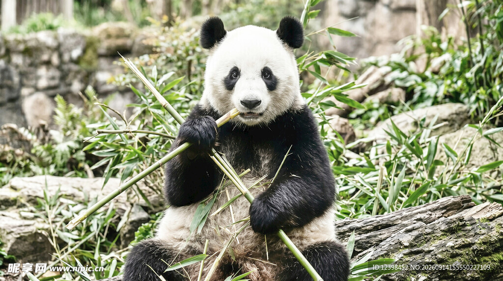 憨态熊猫坐享美味竹子
