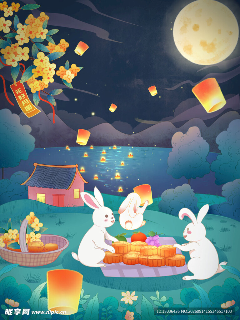 中秋玉兔月亮场景插画