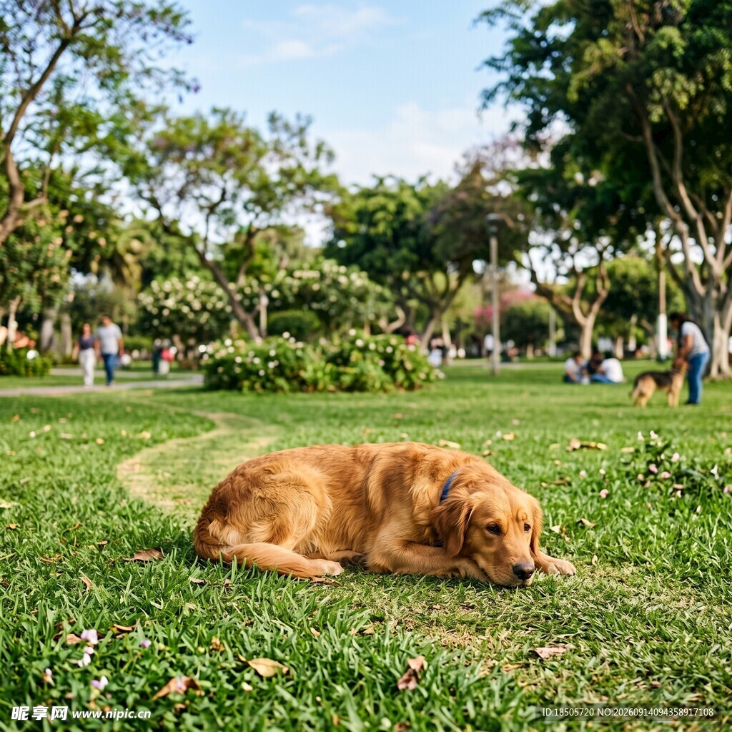 草地上安睡的金毛犬