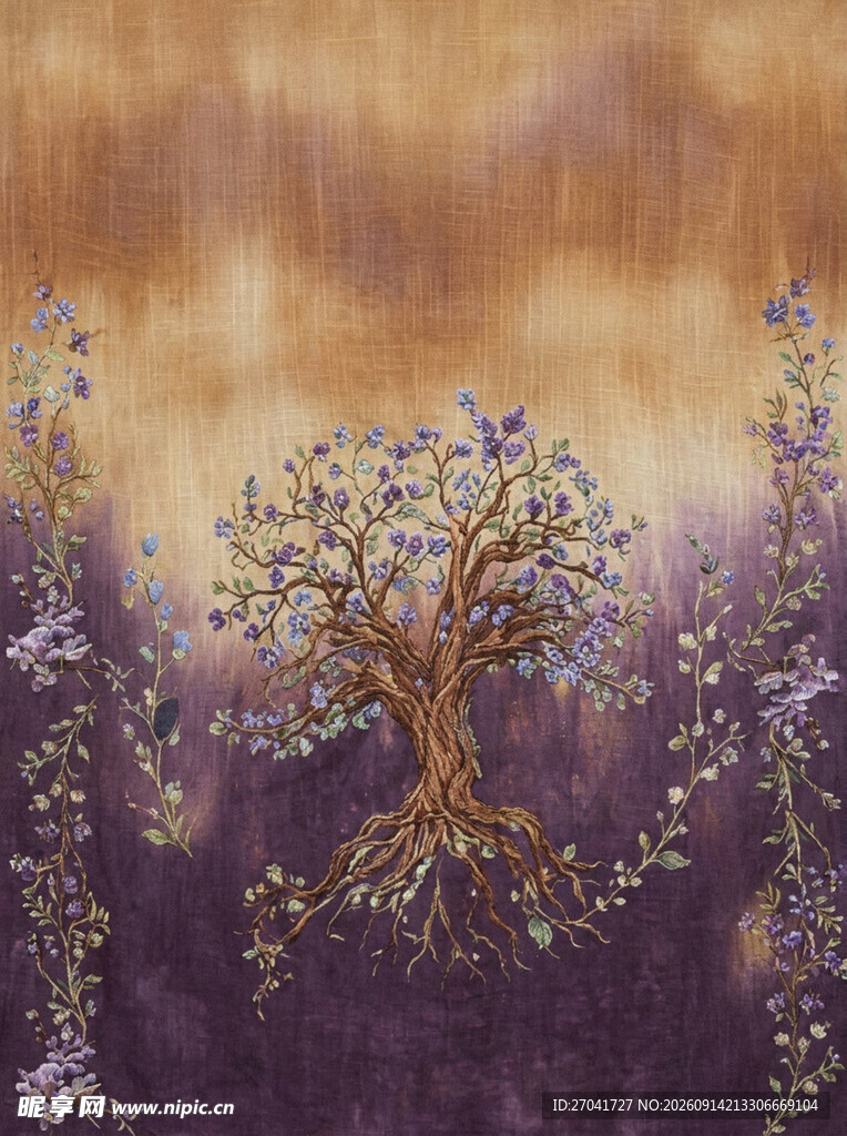 定位花话梦幻紫色花卉树木风景图