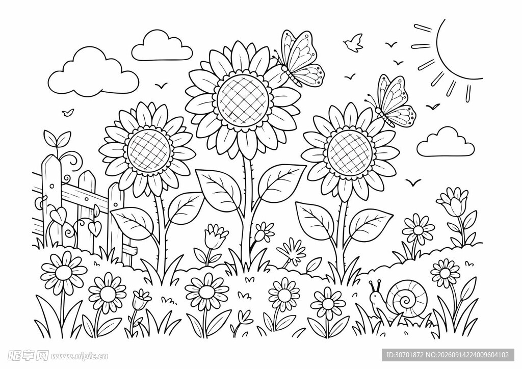 儿童向日葵花草涂色简笔画花草