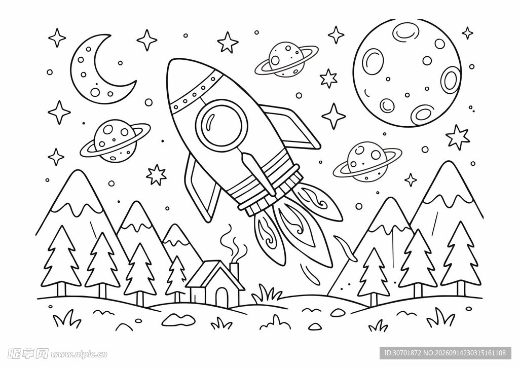 幼儿儿童火箭升空的宇宙幻想手绘