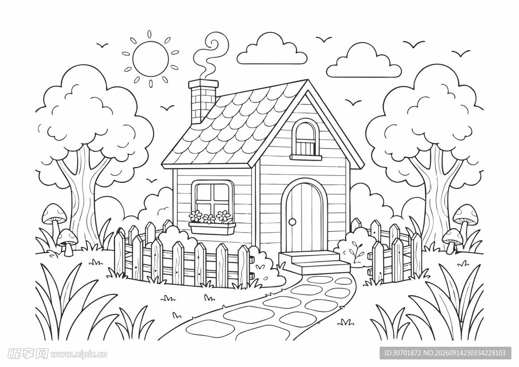 幼儿儿童乡村小屋简笔画涂色线稿