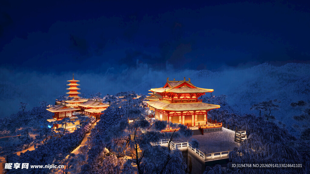雪夜中的璀璨古建塔楼
