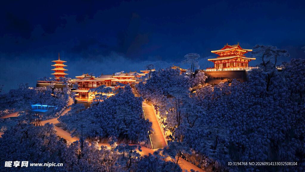 雪夜长城灯火璀璨美景