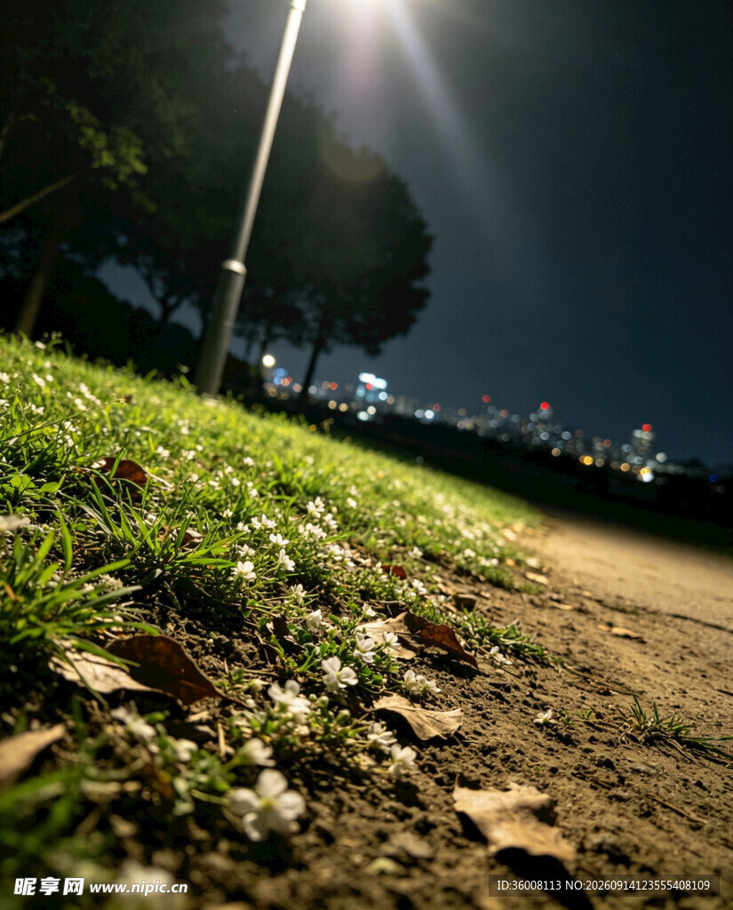 夜晚小径旁的草地景象